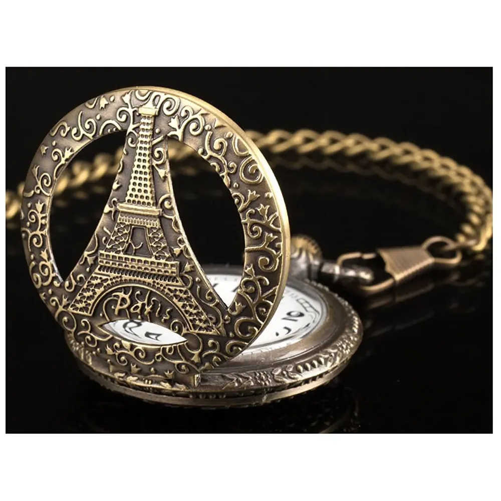 Bronze Classic Vintage Retro Antique Skeleton Hollow Eiffel Tower Chain Pocket Watch 4.5 cms Diameter