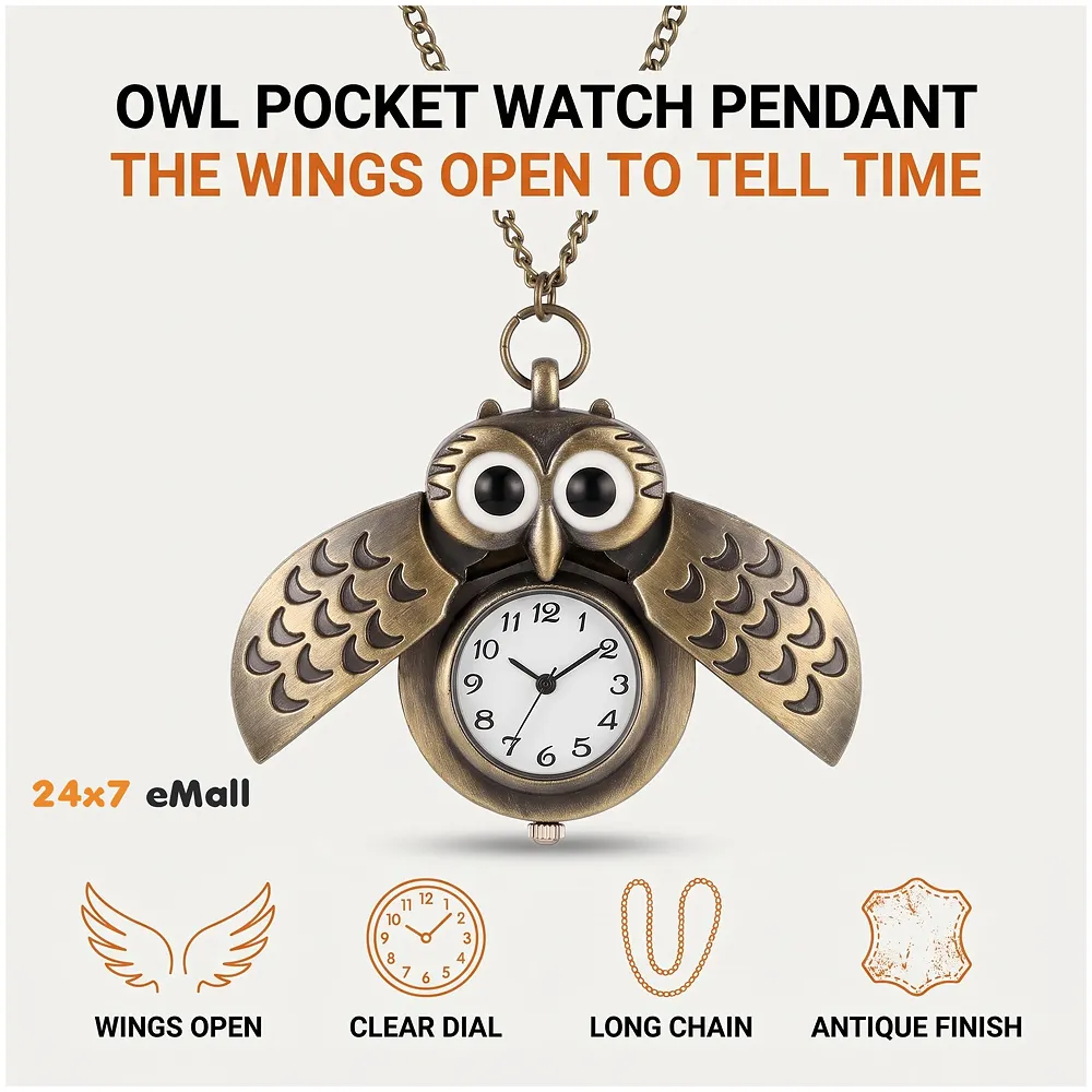 owl Pocket Watch Classic Vintage Retro Antique Owl Chain Pocket 2.5 Cms Diameter Pendent (Owl)