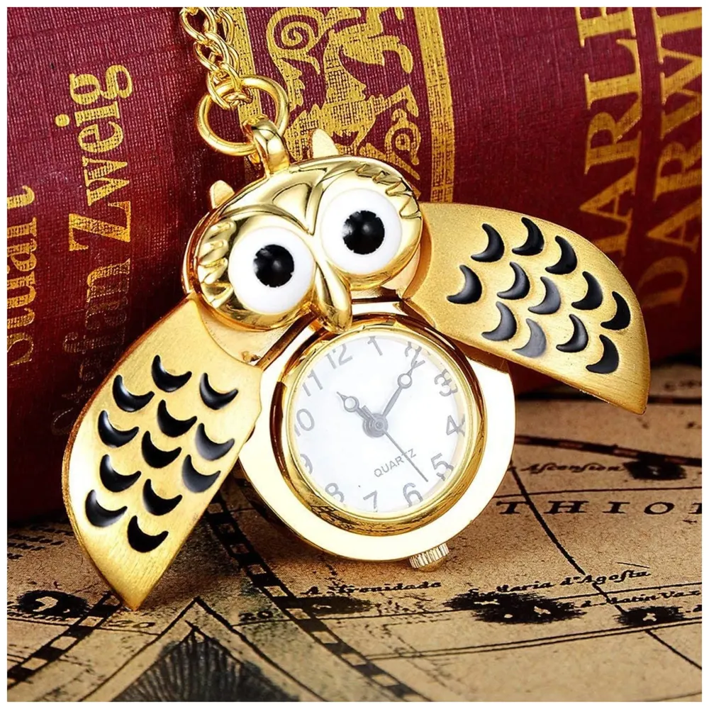 Gold Owl Pocket Watch Classic Vintage Retro Owl Chain Pocket 2.5 Cms Diameter Pendent