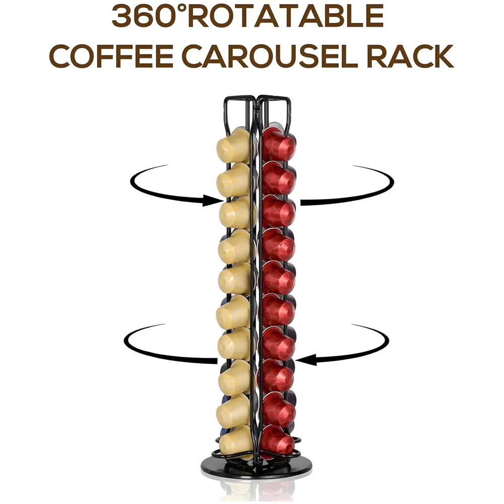 Coffee Capsule Holder Rotating Stand For 40 Coffee Pods Compatible with Nespresso Pods | Espresso Pods Rack For Home & Office - Black - 37.6 cm x 10.5 cm x 10.5 cm.