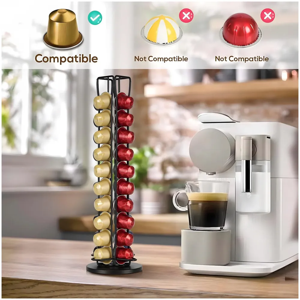 Coffee Capsule Holder Rotating Stand For 40 Coffee Pods Compatible with Nespresso Pods | Espresso Pods Rack For Home & Office - Black - 37.6 cm x 10.5 cm x 10.5 cm.