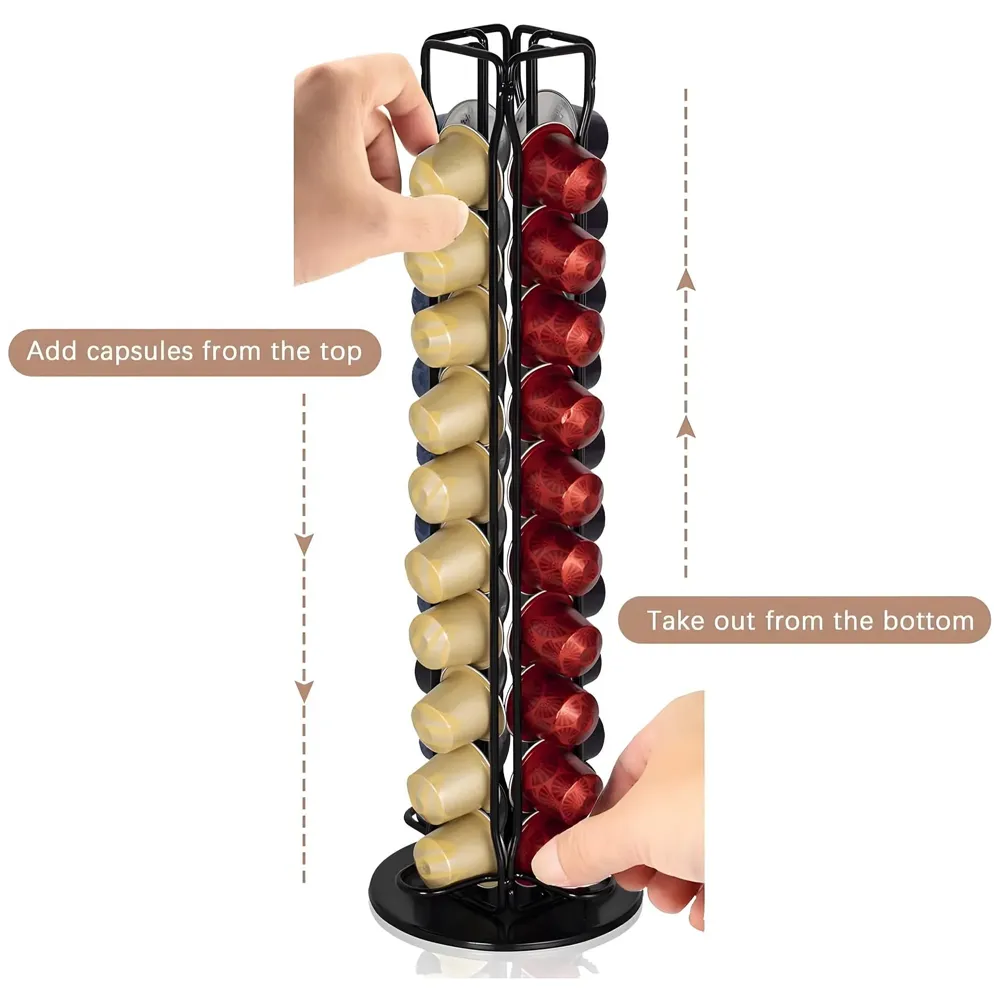 Coffee Capsule Holder Rotating Stand For 40 Coffee Pods Compatible with Nespresso Pods | Espresso Pods Rack For Home & Office - Black - 37.6 cm x 10.5 cm x 10.5 cm.