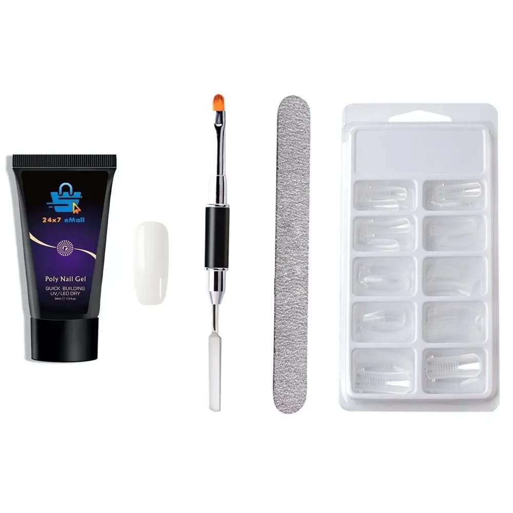 White Poly Gel Nail With Nail Spatula, Buffer And 100Pcs Fake Nails Acrylic Gel Poly Gel Nail Gel Extension Set