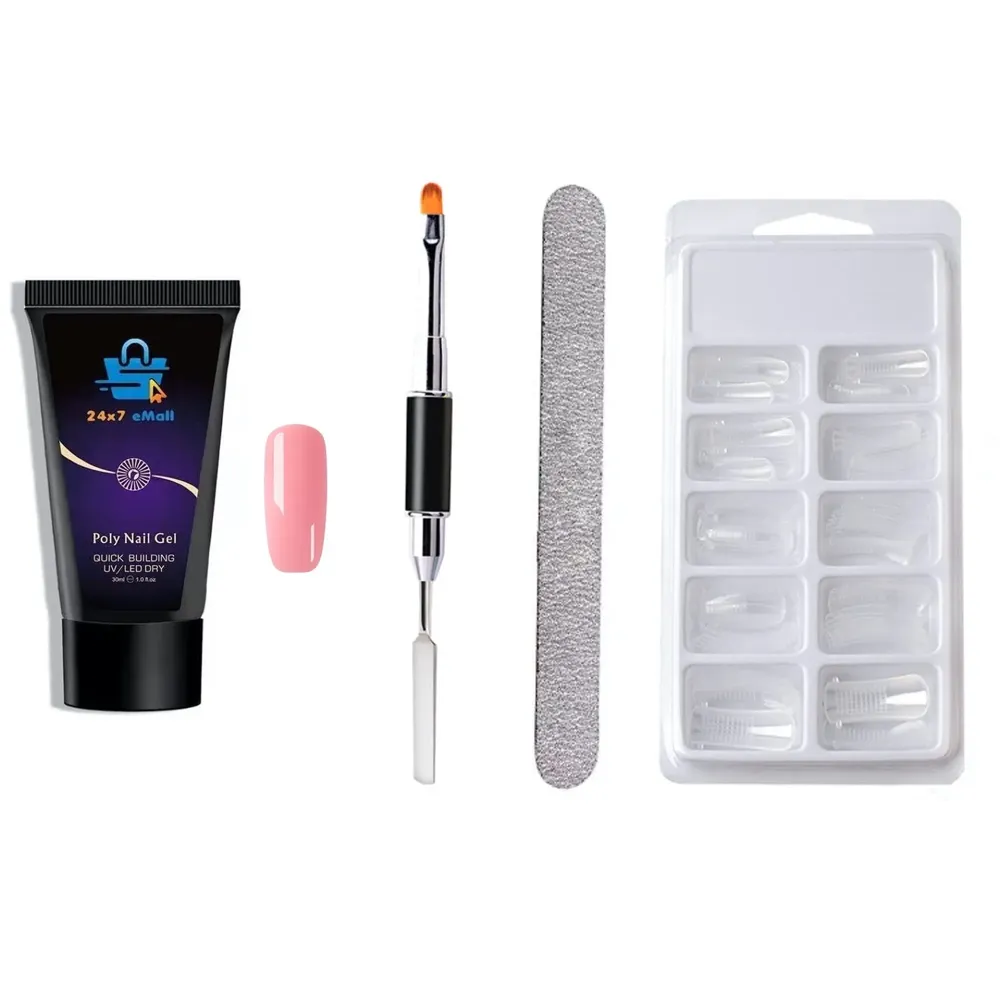 Pink Poly Nail Gel Nail Spatula, Buffer And 100 Pcs Fake Nails Acrylic Gel Full Poly Nail Gel Extension Set