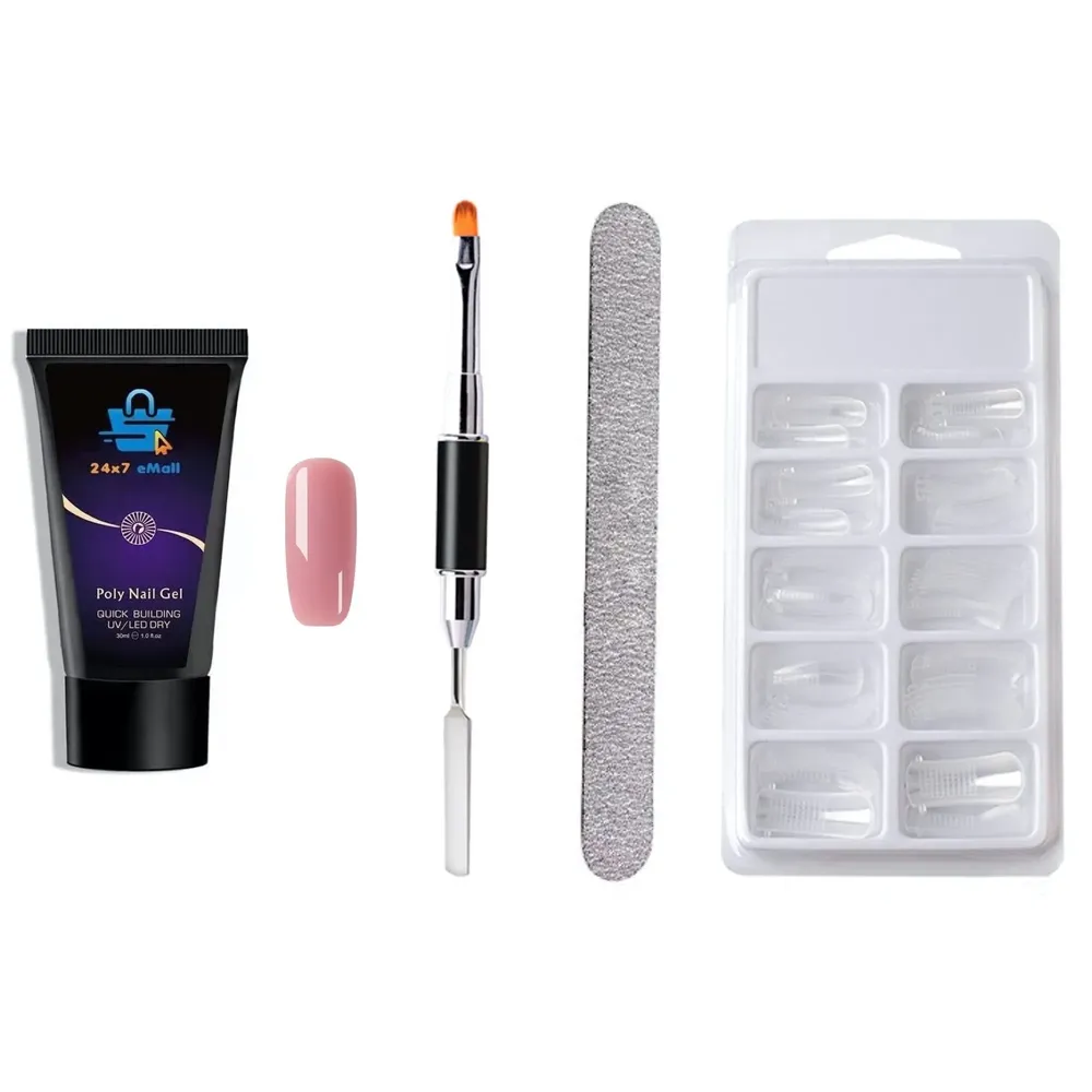 Dark Pink Poly Gel Nail With Nail Spatula, Buffer And 100Pcs Fake Nails Acrylic Gel Poly Gel Nail Gel Extension Set