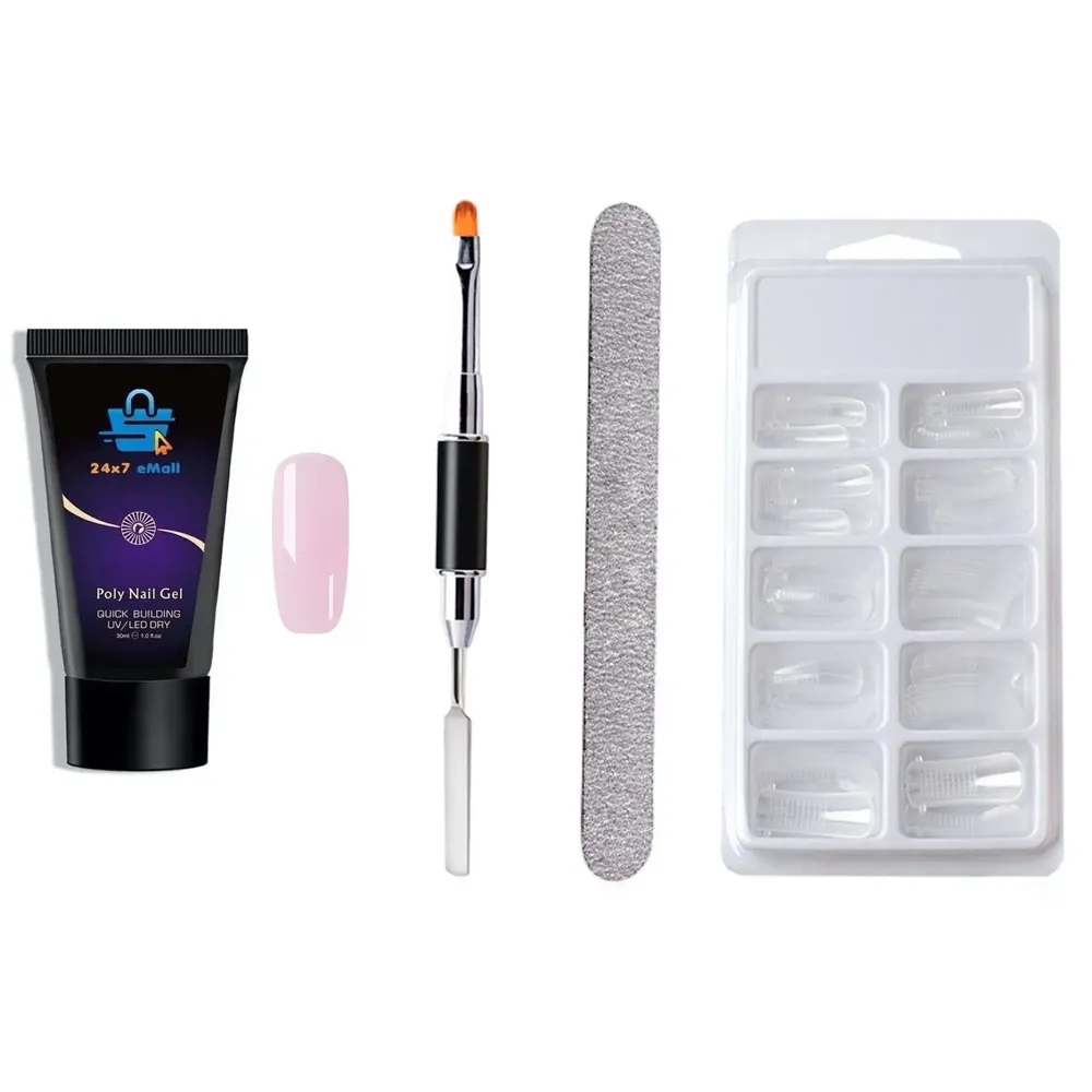 Transparent Pink Gel Nail With Nail Spatula, Buffer And 100Pcs Fake Nails Acrylic Gel Poly Gel Nail Gel Extension Set