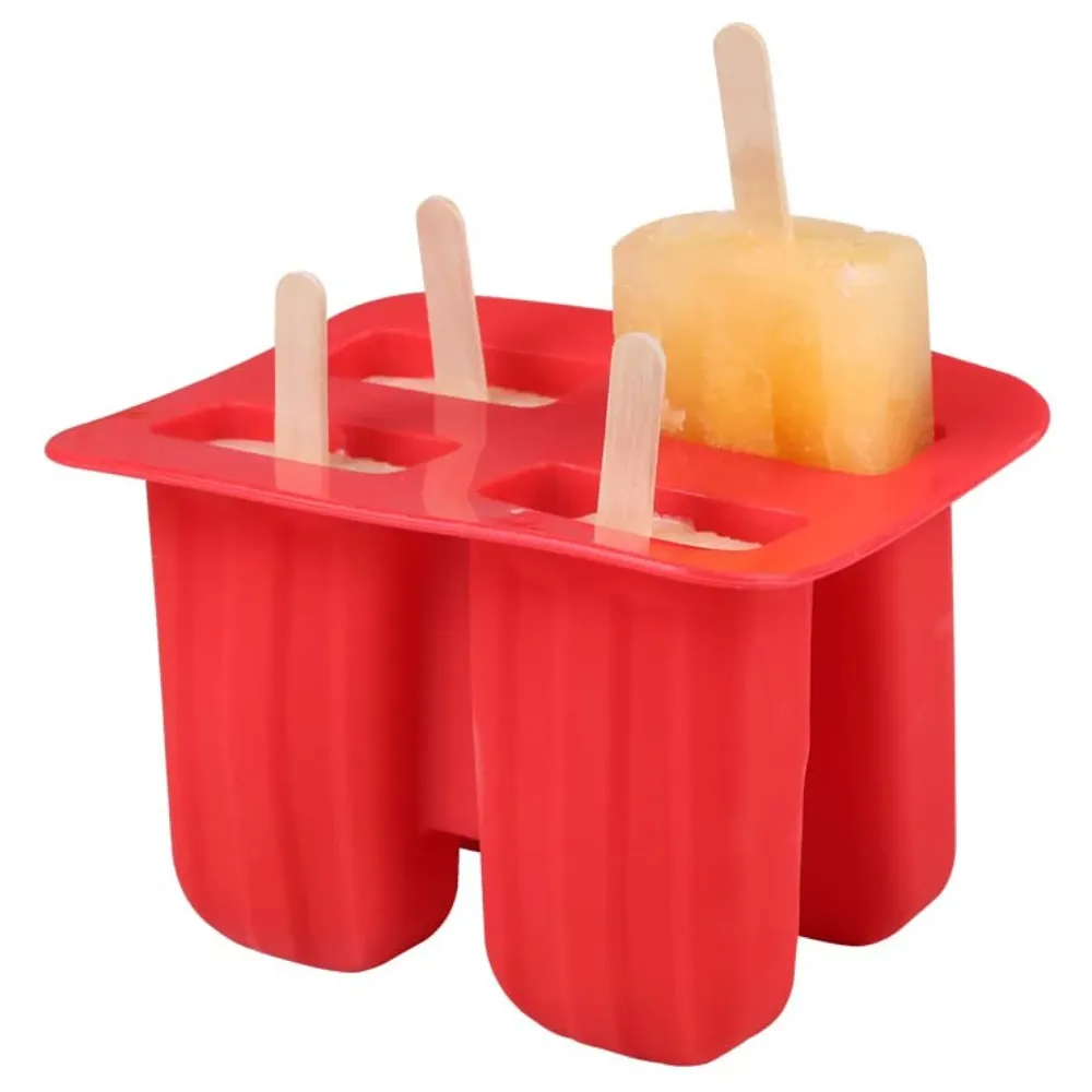 Ice Pop Moulds, 4 Cavity Food Grade Silicone Frozen Ice Popsicle Kulfi Maker with Sticks, BPA Free, Kitchen Tools, Red, Ice Cream Moulds