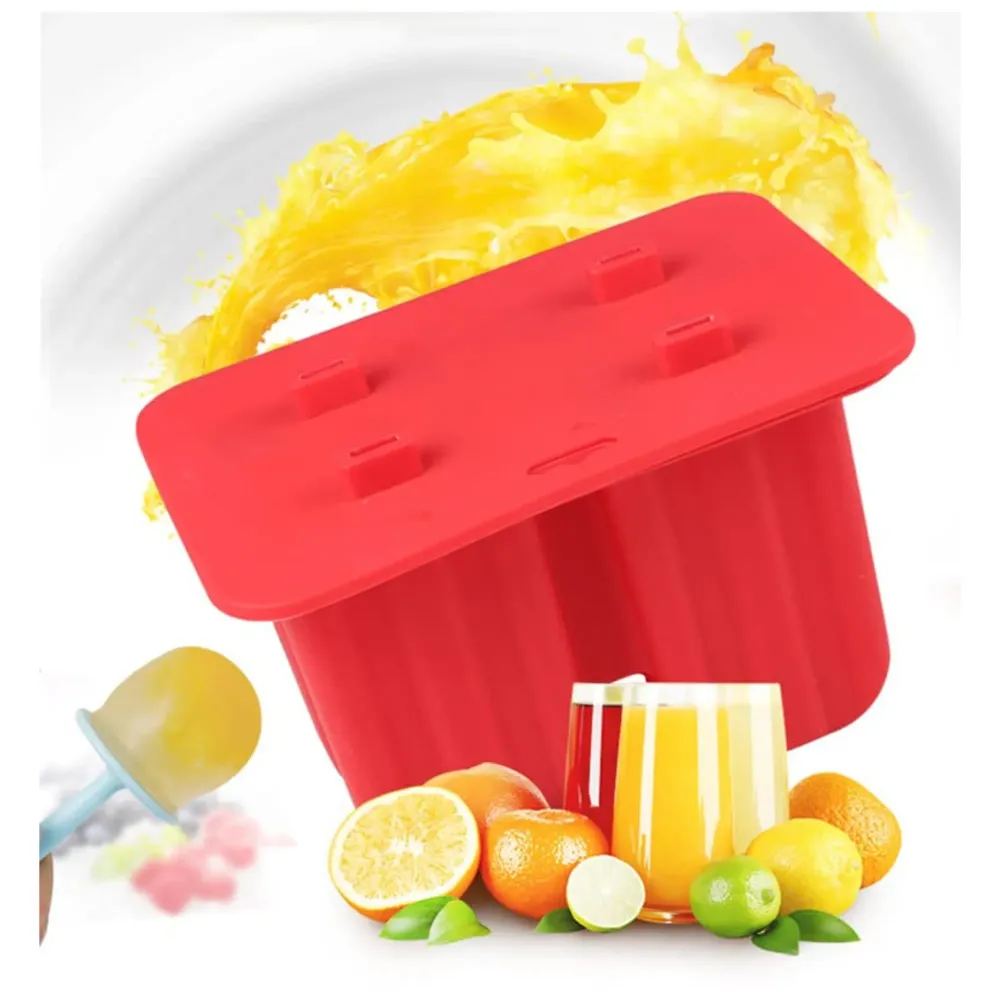 Ice Pop Moulds, 4 Cavity Food Grade Silicone Frozen Ice Popsicle Kulfi Maker with Sticks, BPA Free, Kitchen Tools, Red, Ice Cream Moulds - 2