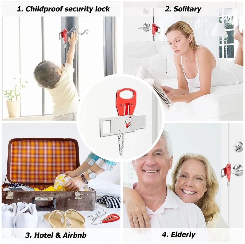 Portable Door Lock Home Security Travel Lockdown Locker Locks for Additional Safety and Privacy Perfect for Traveling Hotel Home Apartment College, Red - 2