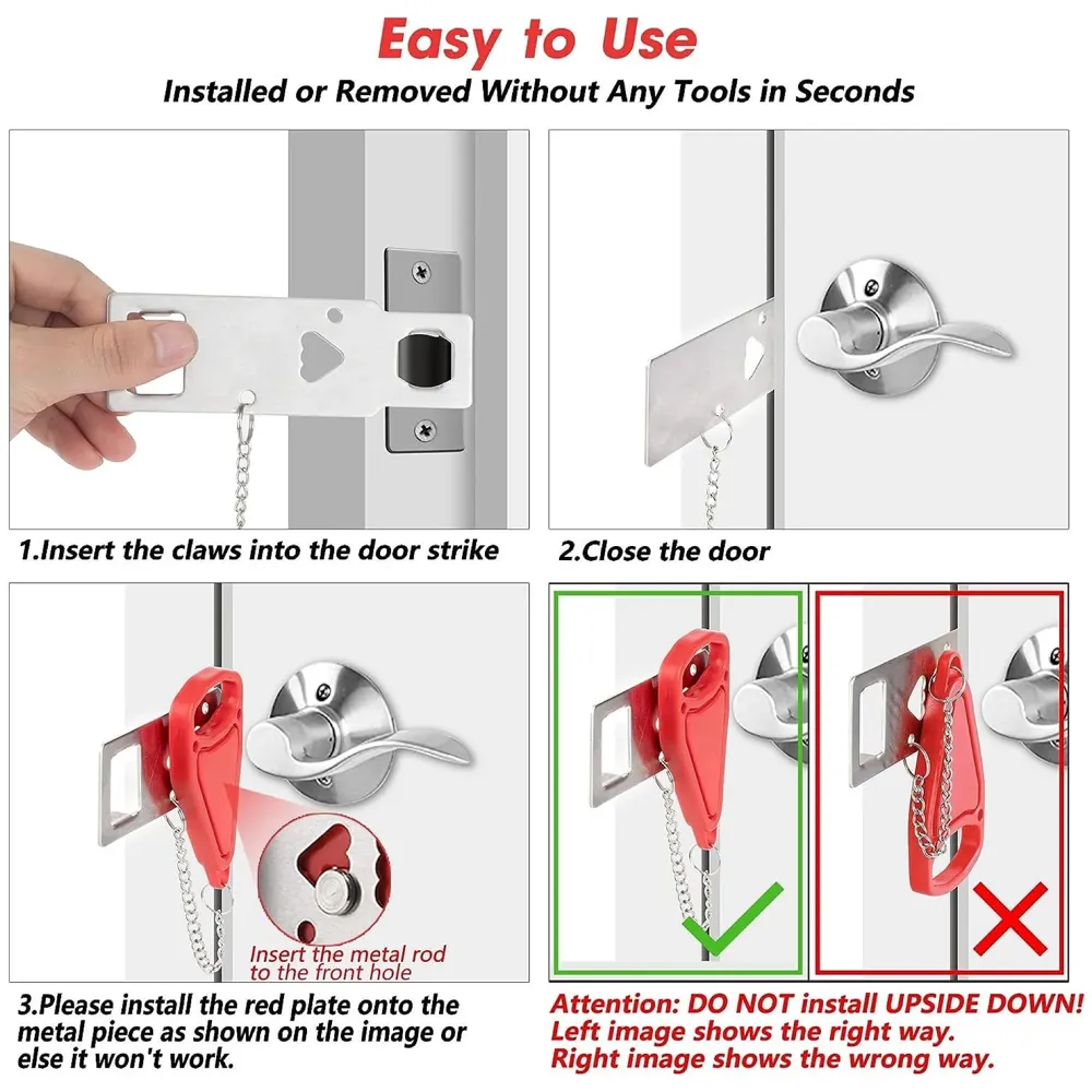 Portable Door Lock Home Security Travel Lockdown Locker Locks for Additional Safety and Privacy Perfect for Traveling Hotel Home Apartment College, Red