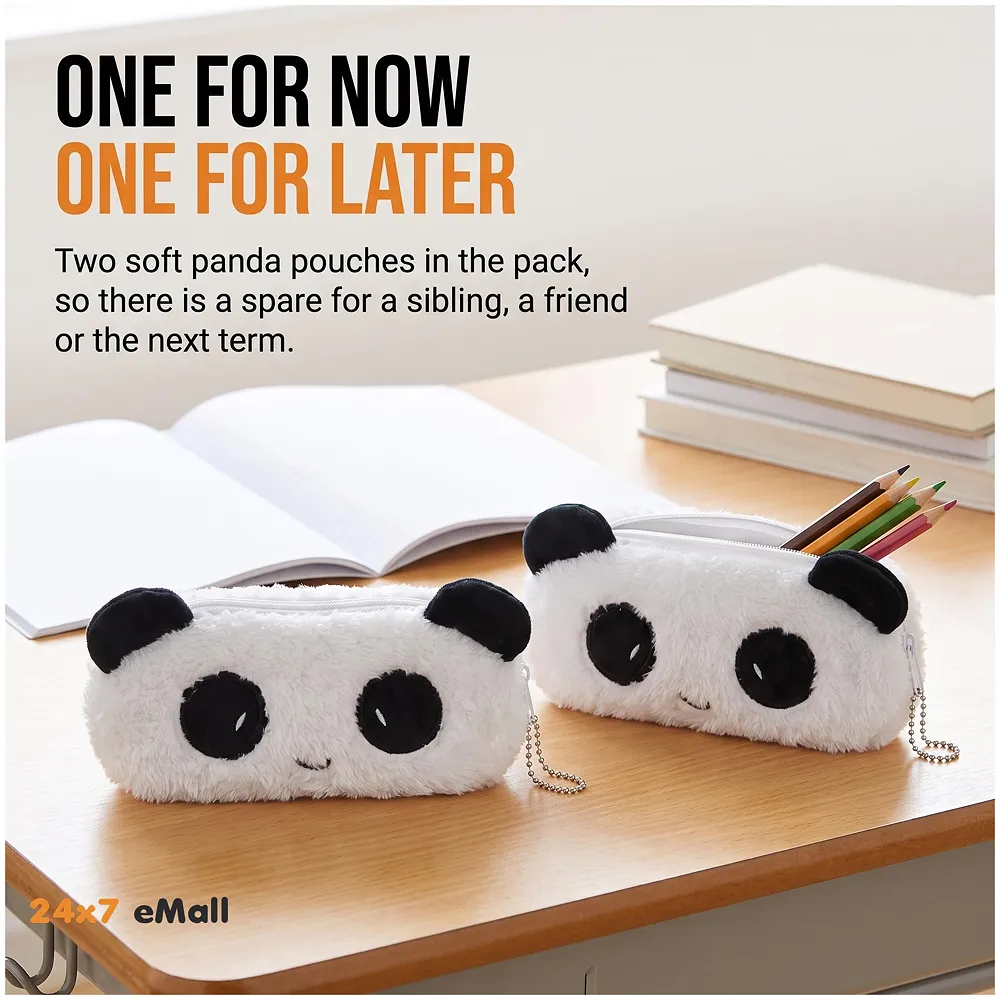 2 Pcs Panda Fur Pencil Pouch Soft Toy Box 21 x 10 cm Stationery