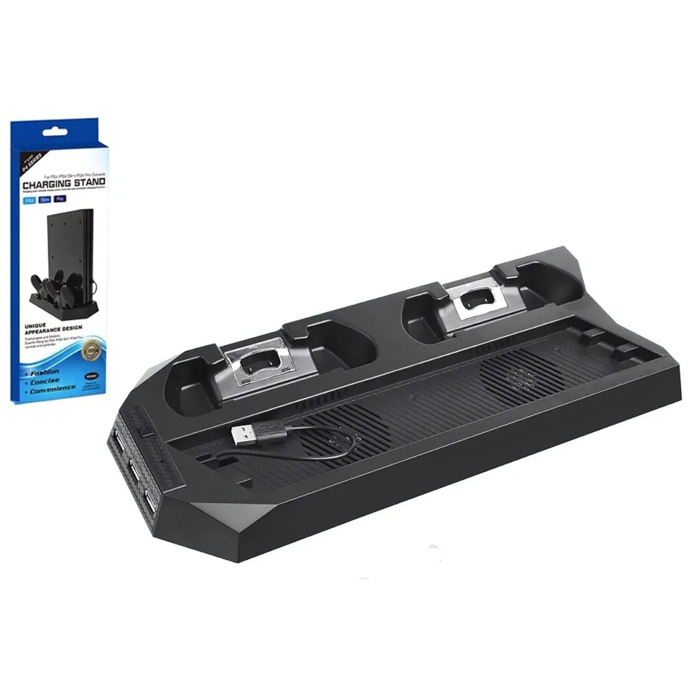 Vertical Stand for PS4 Pro, Cooling Fan Base with Dual Controller Charging Dock & 3-Port USB Hub, Space-Saving Console Stand to Prevent Overheating During Long Gaming Sessions