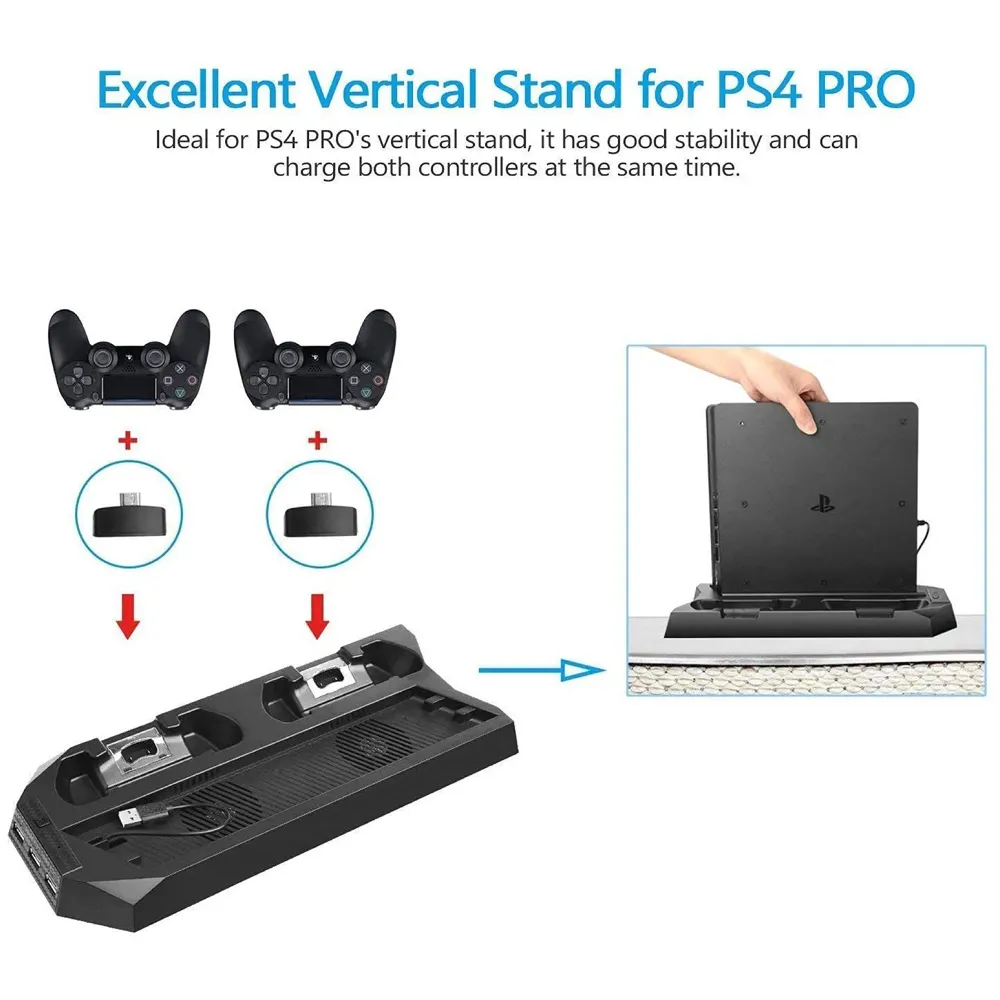 Vertical Stand for PS4 Pro, Cooling Fan Base with Dual Controller Charging Dock & 3-Port USB Hub, Space-Saving Console Stand to Prevent Overheating During Long Gaming Sessions