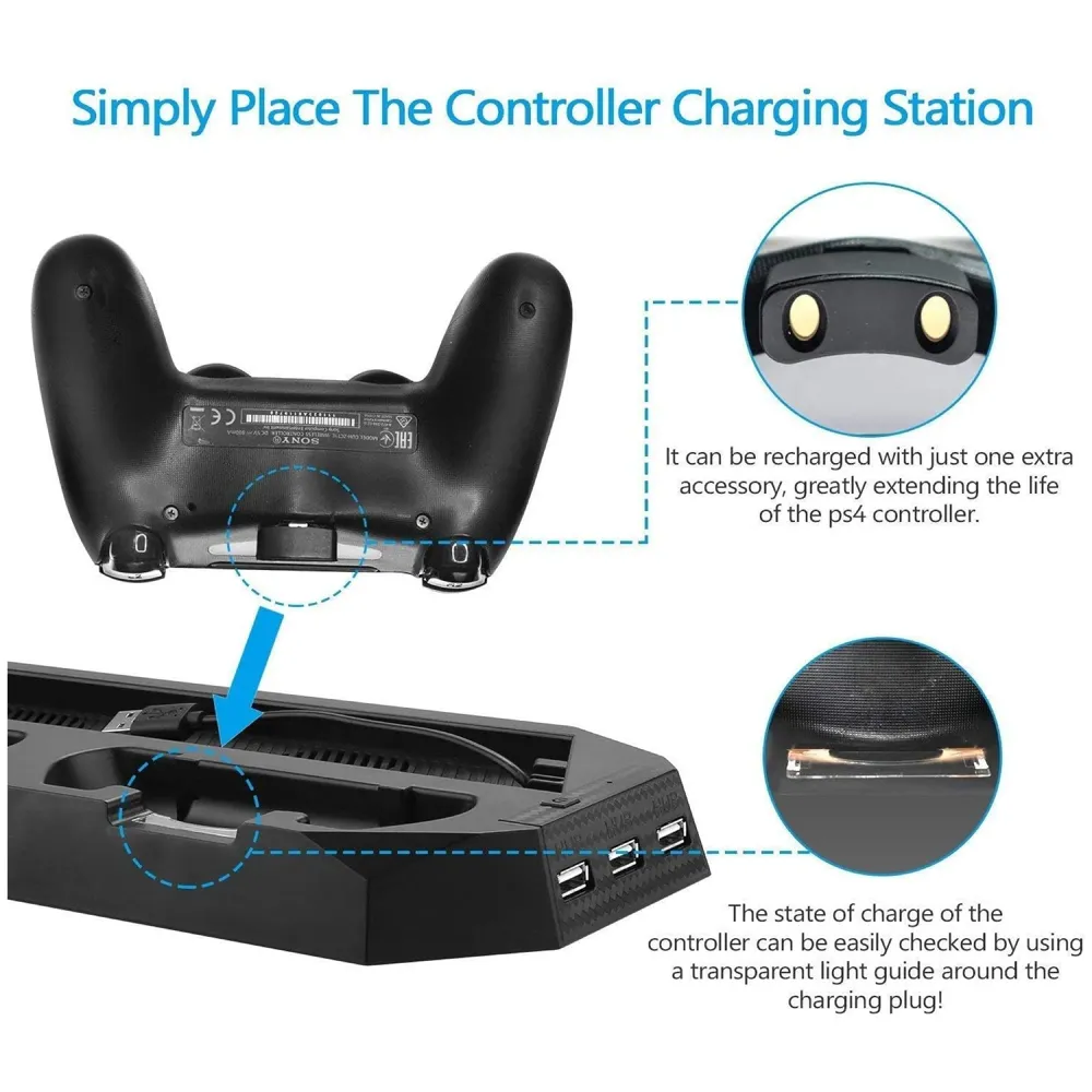 Vertical Stand for PS4 Pro, Cooling Fan Base with Dual Controller Charging Dock & 3-Port USB Hub, Space-Saving Console Stand to Prevent Overheating During Long Gaming Sessions