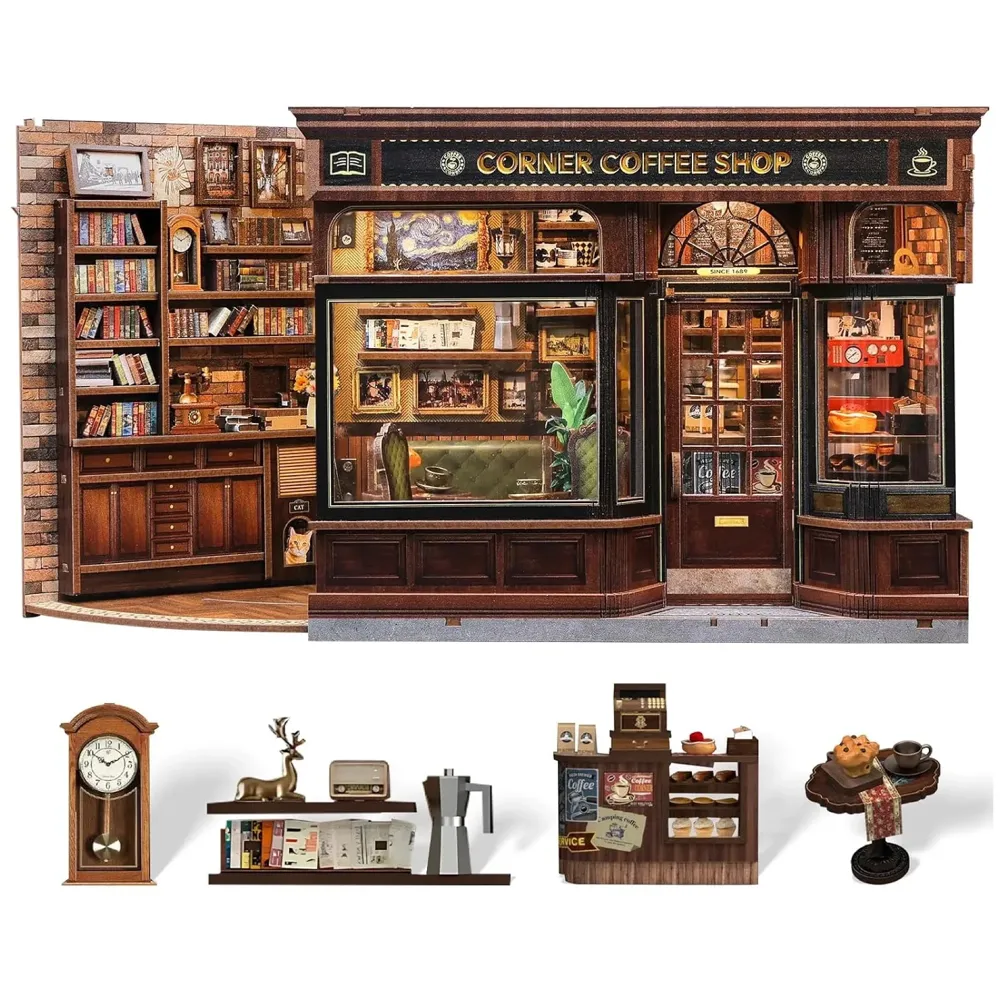 CUTEBEE Book Nook Kit - DIY Miniature House Dollhouse Kit for Adults and Teens, Booknook Tiny House Bookshelf Decor 3D Wooden Puzzle, Gifts for Family, Friends (Corner Coffee Shop)