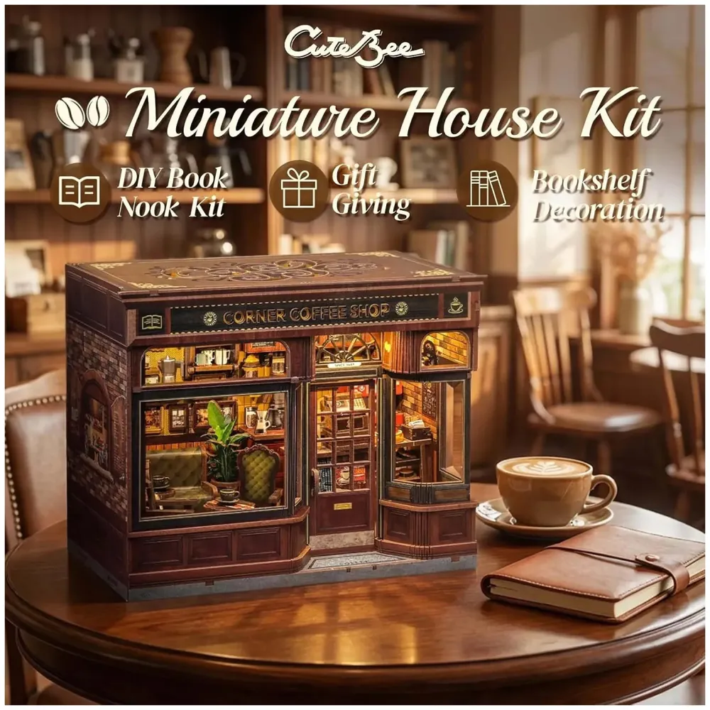 CUTEBEE Book Nook Kit - DIY Miniature House Dollhouse Kit for Adults and Teens, Booknook Tiny House Bookshelf Decor 3D Wooden Puzzle, Gifts for Family, Friends (Corner Coffee Shop) - 3