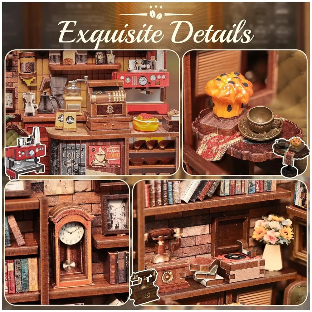 CUTEBEE Book Nook Kit - DIY Miniature House Dollhouse Kit for Adults and Teens, Booknook Tiny House Bookshelf Decor 3D Wooden Puzzle, Gifts for Family, Friends (Corner Coffee Shop) - 4
