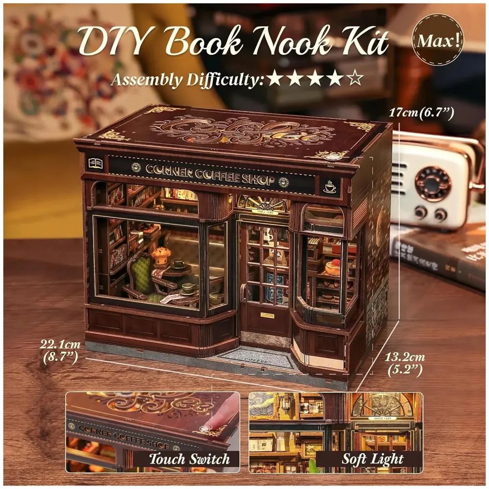 CUTEBEE Book Nook Kit - DIY Miniature House Dollhouse Kit for Adults and Teens, Booknook Tiny House Bookshelf Decor 3D Wooden Puzzle, Gifts for Family, Friends (Corner Coffee Shop) - 6