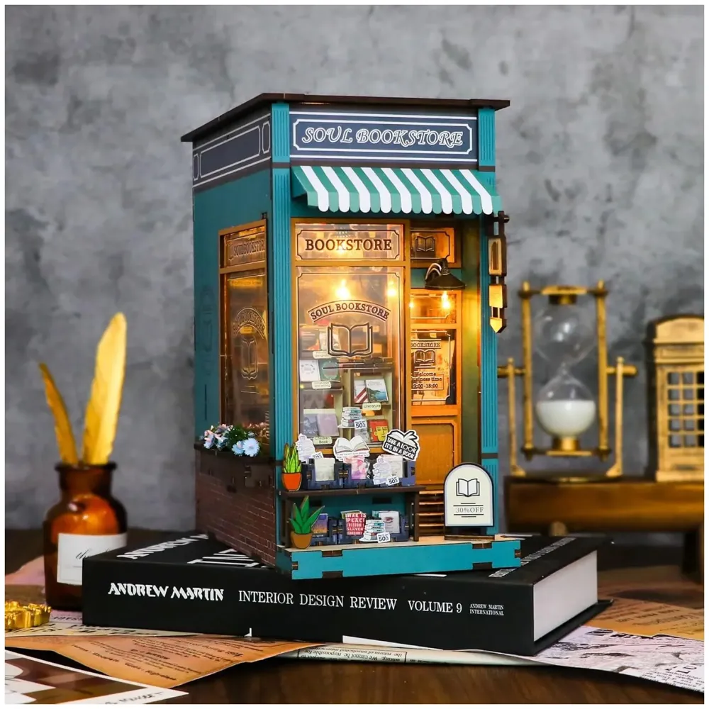 MEINESQIS Book Nook DIY Miniatures Book Nook Kit Store 3D Creative Decorative Bookend Bookshelf Insert Wooden Puzzle with Led Suitable for Teenagers Adults Halloween Christmas Decoration Gifts