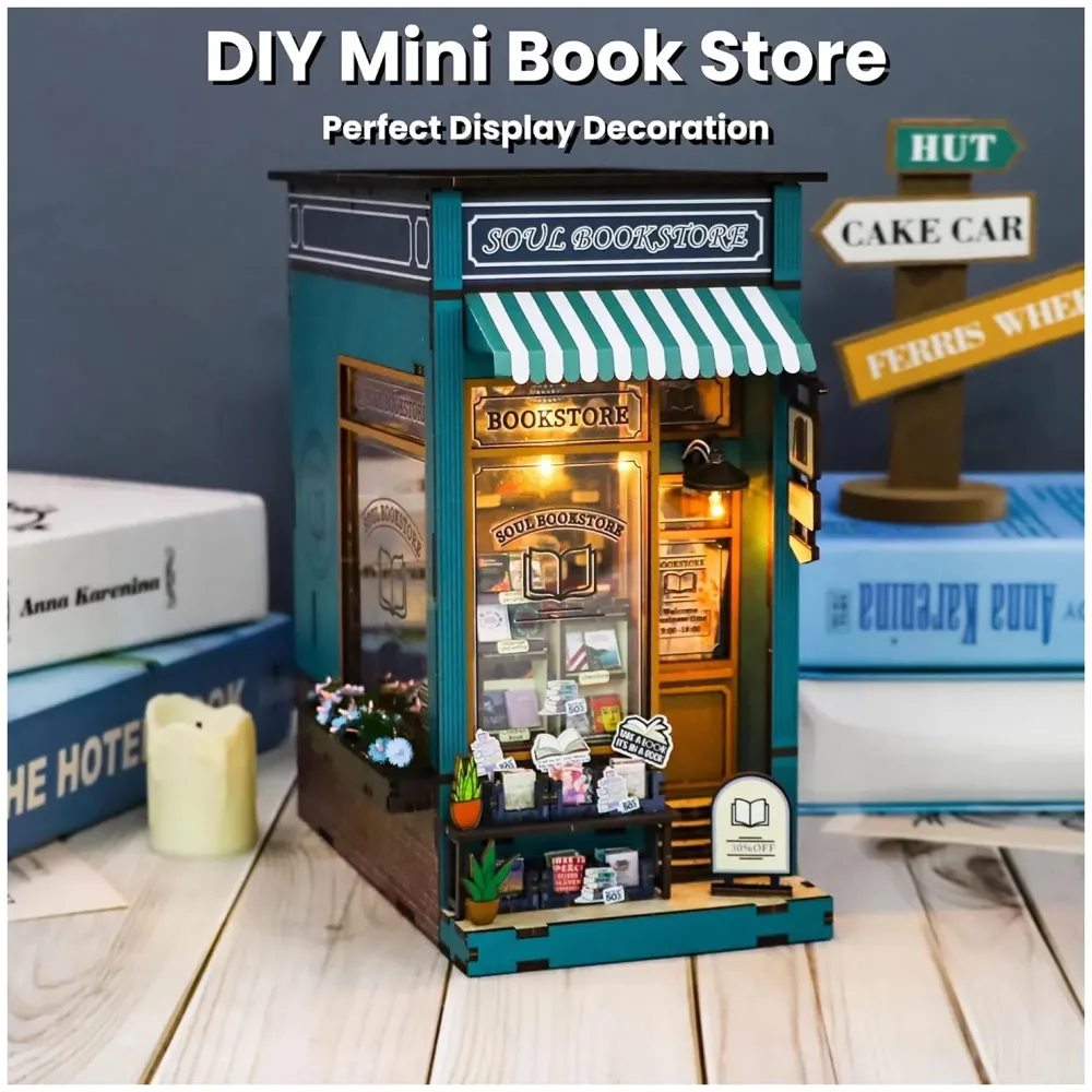 MEINESQIS Book Nook DIY Miniatures Book Nook Kit Store 3D Creative Decorative Bookend Bookshelf Insert Wooden Puzzle with Led Suitable for Teenagers Adults Halloween Christmas Decoration Gifts - 2
