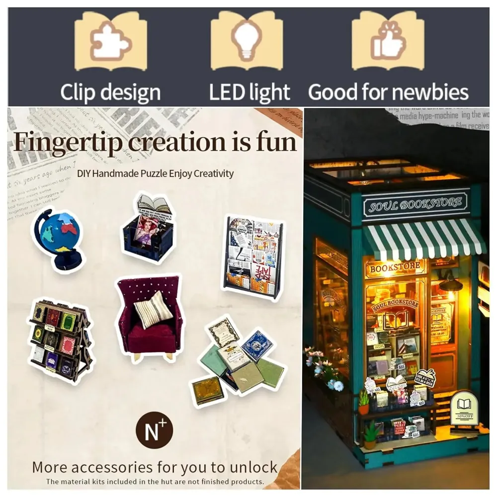 MEINESQIS Book Nook DIY Miniatures Book Nook Kit Store 3D Creative Decorative Bookend Bookshelf Insert Wooden Puzzle with Led Suitable for Teenagers Adults Halloween Christmas Decoration Gifts - 3