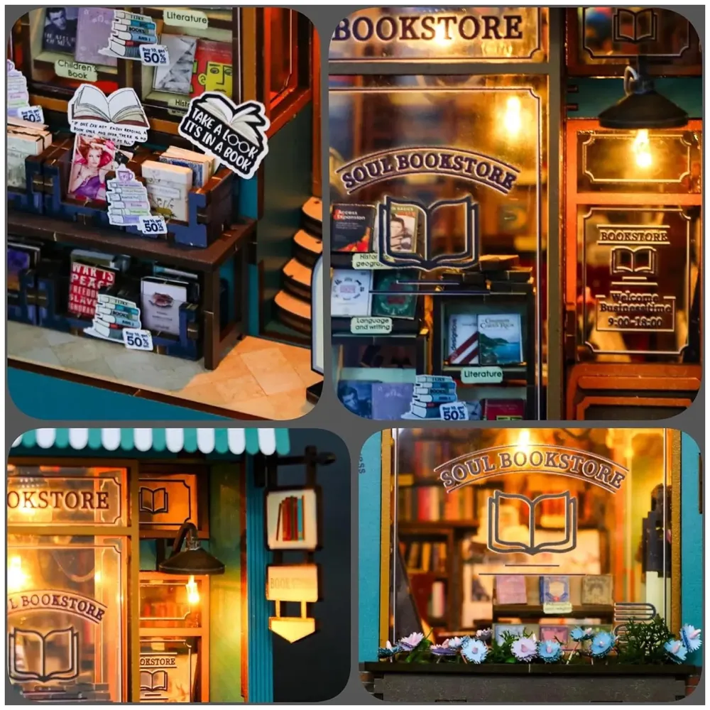 MEINESQIS Book Nook DIY Miniatures Book Nook Kit Store 3D Creative Decorative Bookend Bookshelf Insert Wooden Puzzle with Led Suitable for Teenagers Adults Halloween Christmas Decoration Gifts - 4