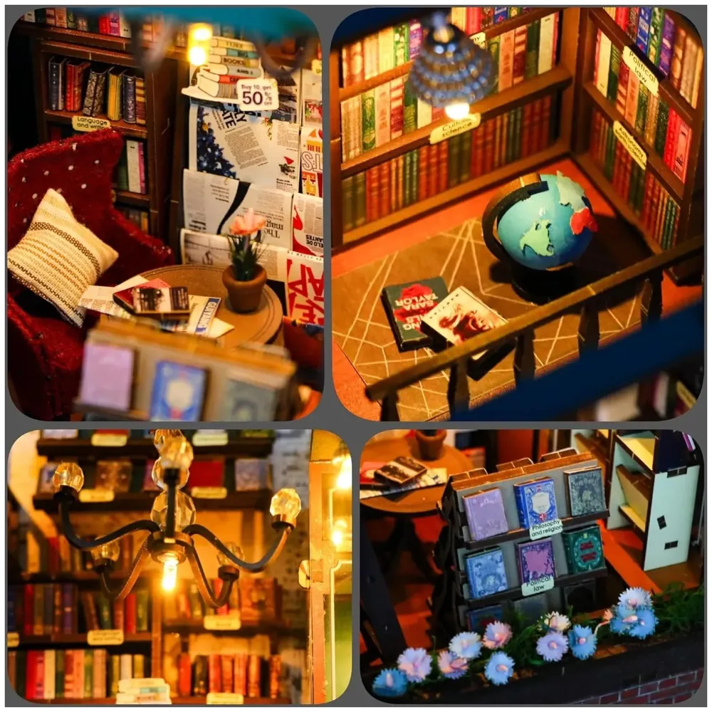 MEINESQIS Book Nook DIY Miniatures Book Nook Kit Store 3D Creative Decorative Bookend Bookshelf Insert Wooden Puzzle with Led Suitable for Teenagers Adults Halloween Christmas Decoration Gifts - 5