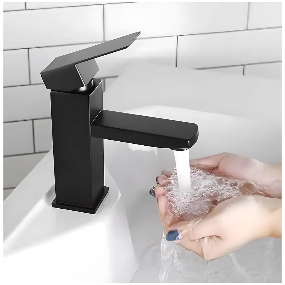 Matt Black Basin Mixer Faucet Tap Black Matt Design Hot and Cold Bathroom Short Body - 7 Inches Premium