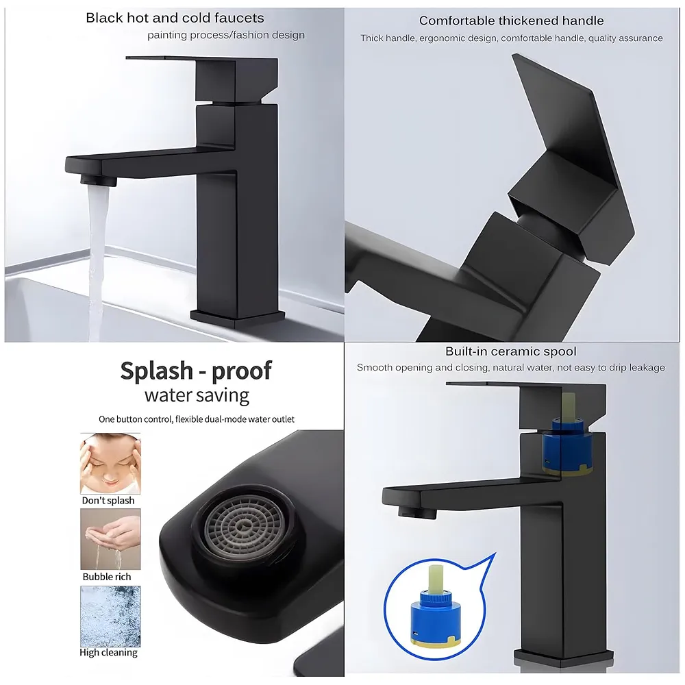 Matt Black Basin Mixer Faucet Tap Black Matt Design Hot and Cold Bathroom Short Body - 7 Inches Premium