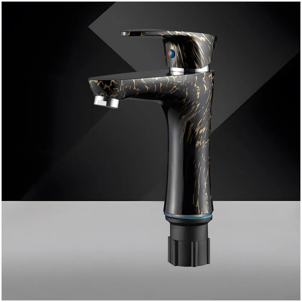 PVC Black Basin Tap Faucet Mixer Black Gold Marble Design for Bathroom Toilet Wash Basins Hot and Cold Water Tap Short Body - 7 Inches Wash Basin tap
