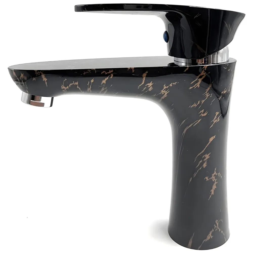 PVC Black Basin Tap Faucet Mixer Black Gold Marble Design for Bathroom Toilet Wash Basins Hot and Cold Water Tap Short Body - 7 Inches Wash Basin tap - 3