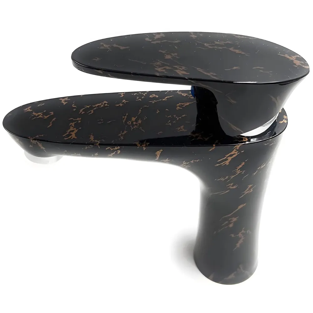 PVC Black Basin Tap Faucet Mixer Black Gold Marble Design for Bathroom Toilet Wash Basins Hot and Cold Water Tap Short Body - 7 Inches Wash Basin tap - 5