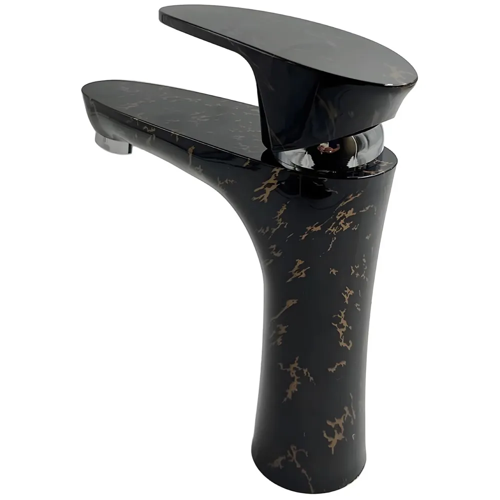 PVC Black Basin Tap Faucet Mixer Black Gold Marble Design for Bathroom Toilet Wash Basins Hot and Cold Water Tap Short Body - 7 Inches Wash Basin tap - 6
