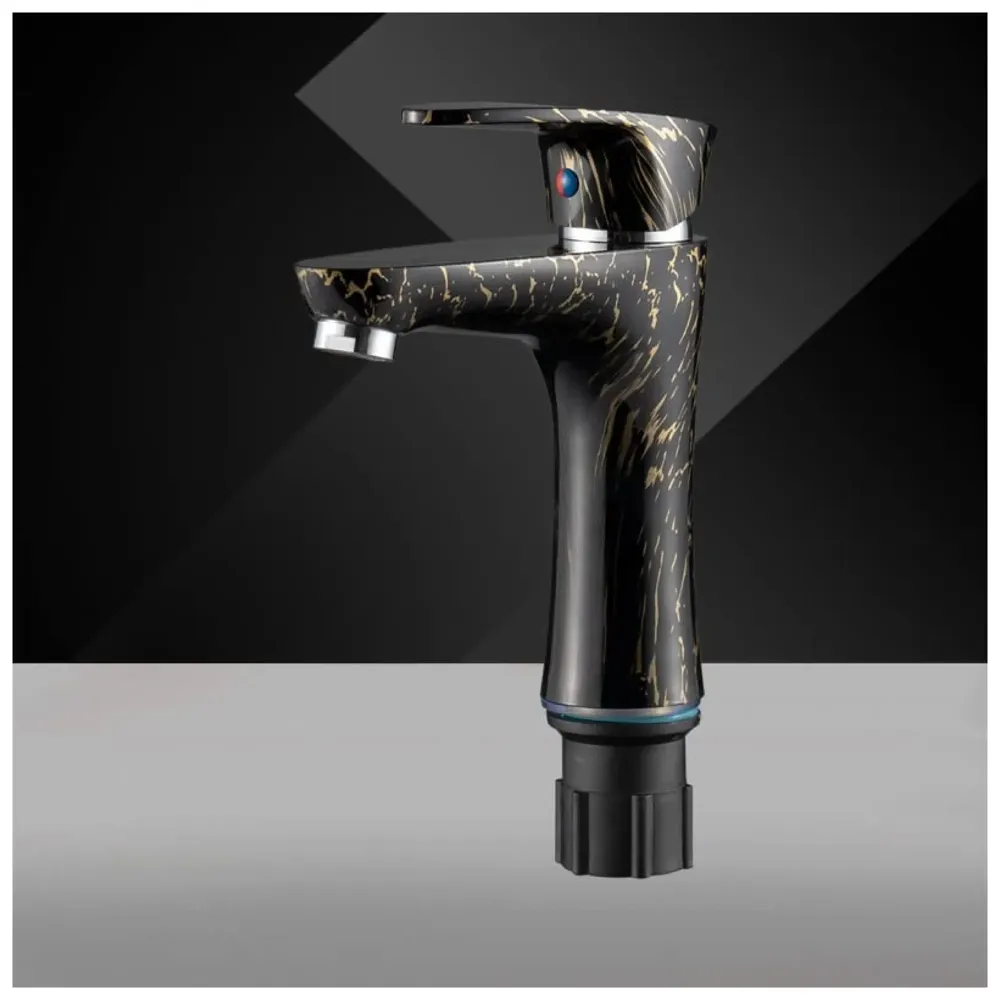 PVC Black Basin Tap Faucet Mixer Black Gold Marble Design for Bathroom Toilet Wash Basins Hot and Cold Water Tap Short Body - 7 Inches Wash Basin tap