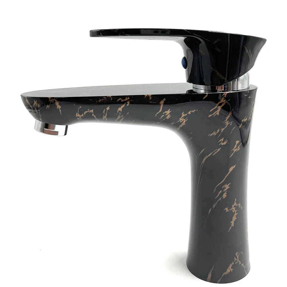 PVC Black Basin Tap Faucet Mixer Black Gold Marble Design for Bathroom Toilet Wash Basins Hot and Cold Water Tap Short Body - 7 Inches Wash Basin tap