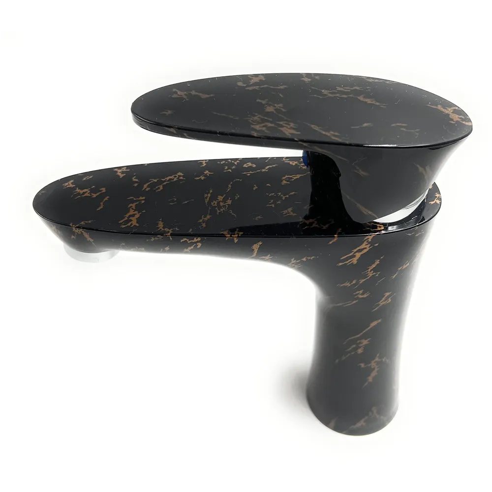 PVC Black Basin Tap Faucet Mixer Black Gold Marble Design for Bathroom Toilet Wash Basins Hot and Cold Water Tap Short Body - 7 Inches Wash Basin tap