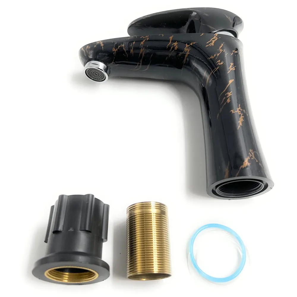 PVC Black Basin Tap Faucet Mixer Black Gold Marble Design for Bathroom Toilet Wash Basins Hot and Cold Water Tap Short Body - 7 Inches Wash Basin tap