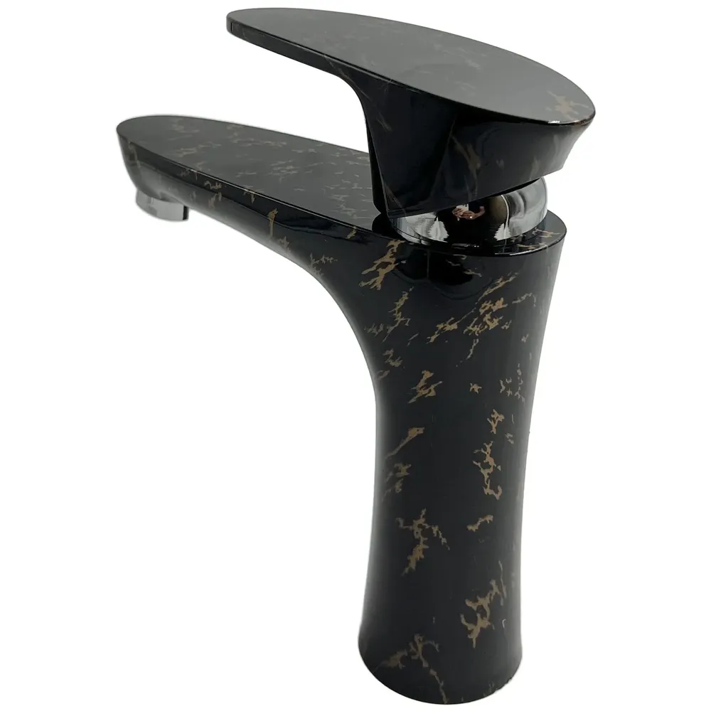 PVC Black Basin Tap Faucet Mixer Black Gold Marble Design for Bathroom Toilet Wash Basins Hot and Cold Water Tap Short Body - 7 Inches Wash Basin tap