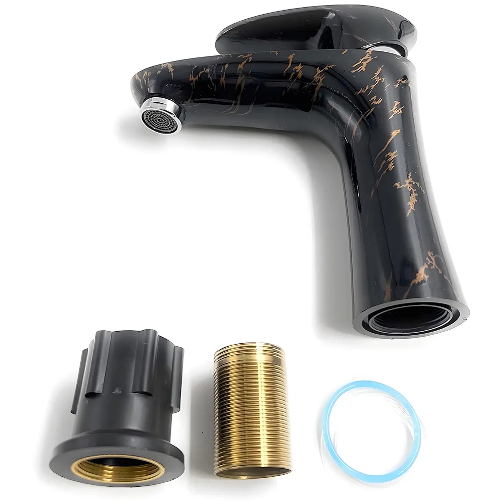 PVC Black Basin Tap Faucet Mixer Black Gold Marble Design for Bathroom Toilet Wash Basins Hot and Cold Water Tap Short Body - 7 Inches Wash Basin tap