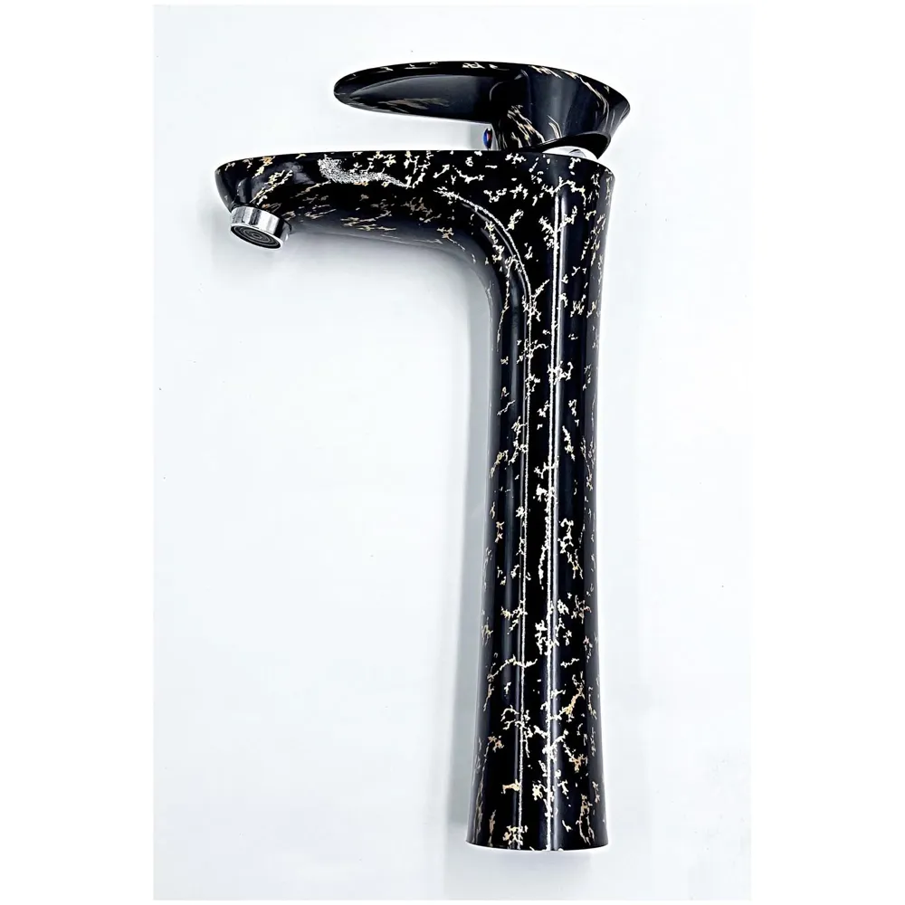 12 inch PVC Basin Mixer Faucet Tap Black Gold Marble Design Hot and Cold Bathroom Tap Tall Body - 30 Cm