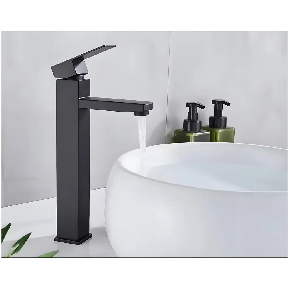 PVC Matt Black Basin Mixer Faucet Tap, Hot and Cold Bathroom Basin Tap Tall Body - 12 Inches