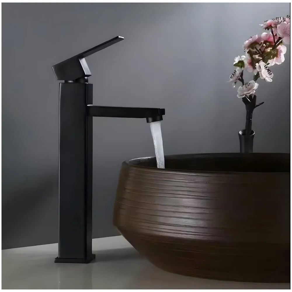 PVC Matt Black Basin Mixer Faucet Tap, Hot and Cold Bathroom Basin Tap Tall Body - 12 Inches