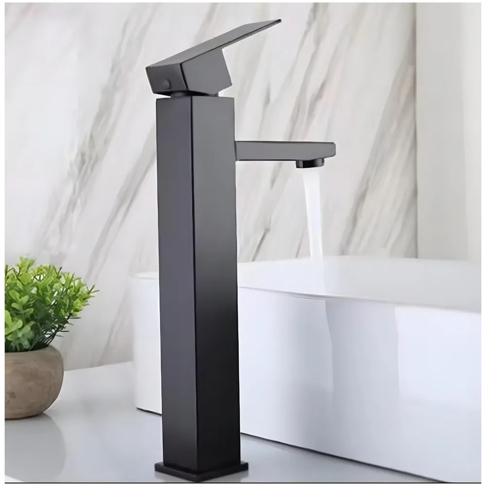 PVC Matt Black Basin Mixer Faucet Tap, Hot and Cold Bathroom Basin Tap Tall Body - 12 Inches