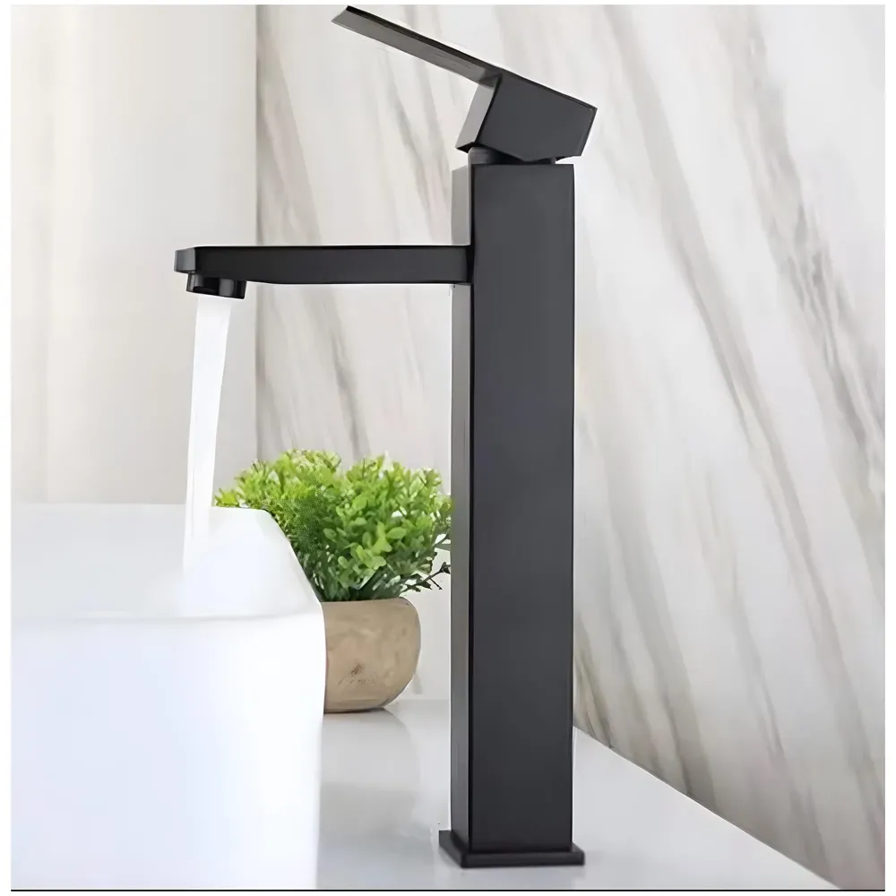PVC Matt Black Basin Mixer Faucet Tap, Hot and Cold Bathroom Basin Tap Tall Body - 12 Inches
