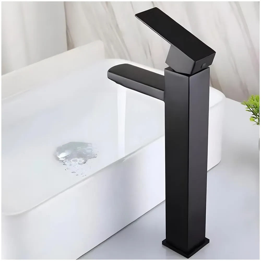 PVC Matt Black Basin Mixer Faucet Tap, Hot and Cold Bathroom Basin Tap Tall Body - 12 Inches