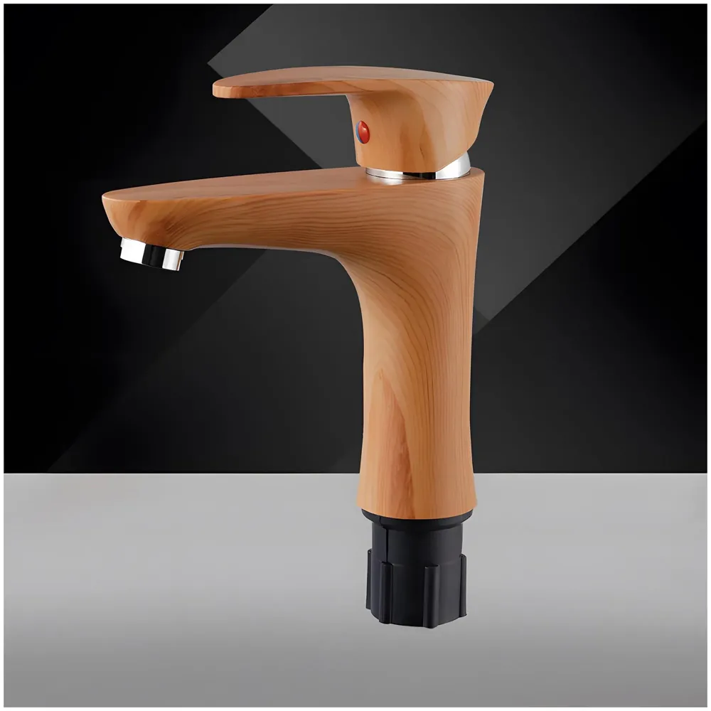PVC Brown Antique Basin Tap Faucet Mixer Wood Design for Bathroom Toilet Wash Basins Hot and Cold Water (Short Body - 7 Inches)