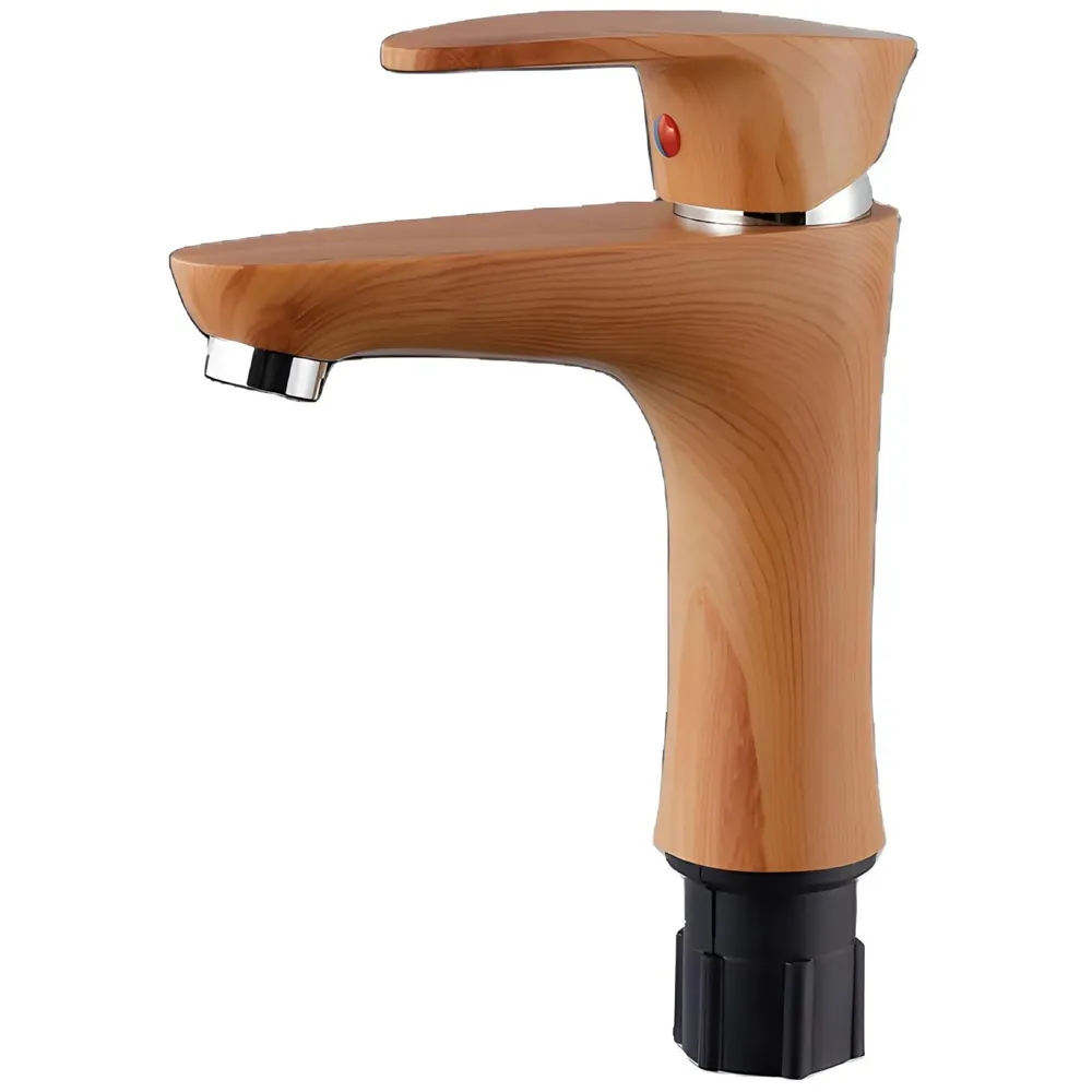 PVC Brown Antique Basin Tap Faucet Mixer Wood Design for Bathroom Toilet Wash Basins Hot and Cold Water (Short Body - 7 Inches) - 2