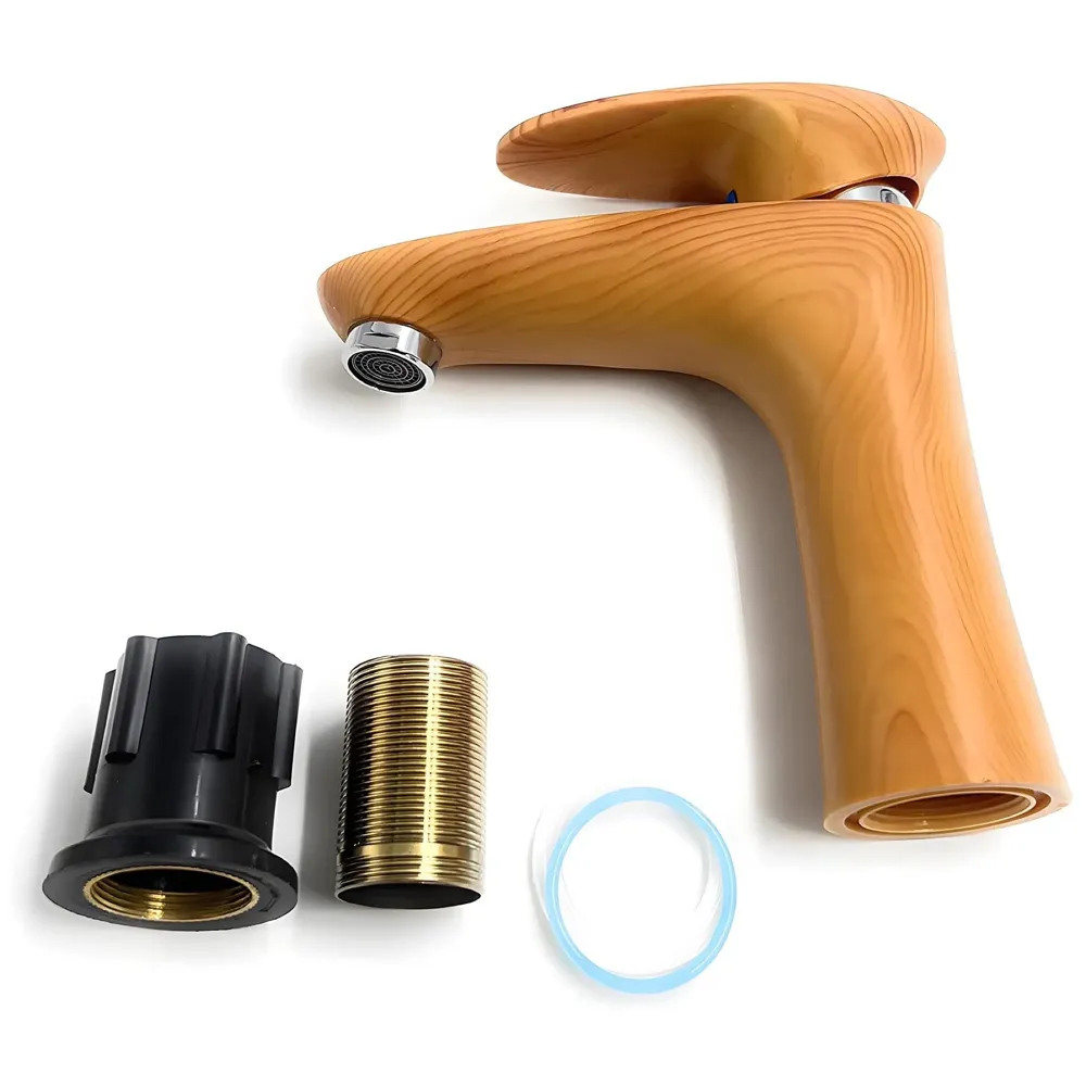 PVC Brown Antique Basin Tap Faucet Mixer Wood Design for Bathroom Toilet Wash Basins Hot and Cold Water (Short Body - 7 Inches) - 3