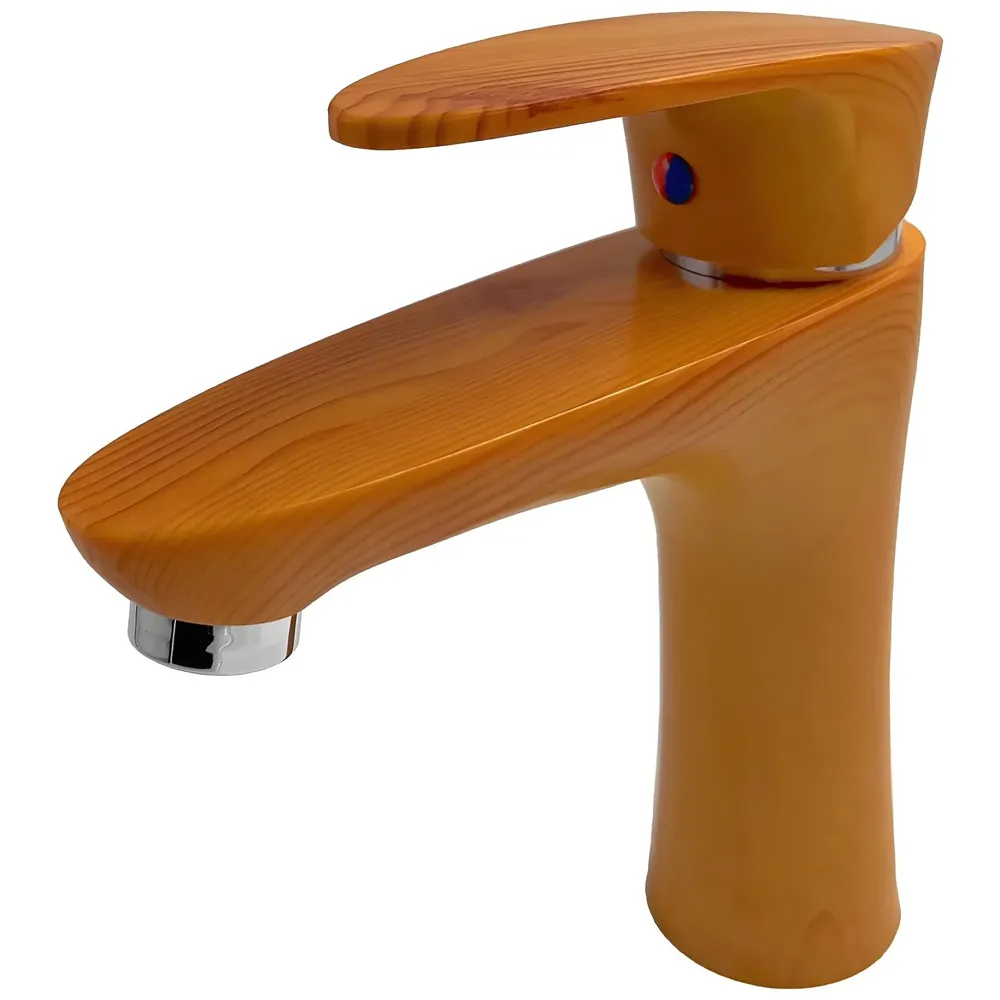 PVC Brown Antique Basin Tap Faucet Mixer Wood Design for Bathroom Toilet Wash Basins Hot and Cold Water (Short Body - 7 Inches) - 4