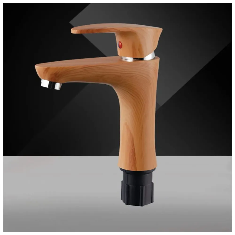 PVC Brown Antique Basin Tap Faucet Mixer Wood Design for Bathroom Toilet Wash Basins Hot and Cold Water (Short Body - 7 Inches)